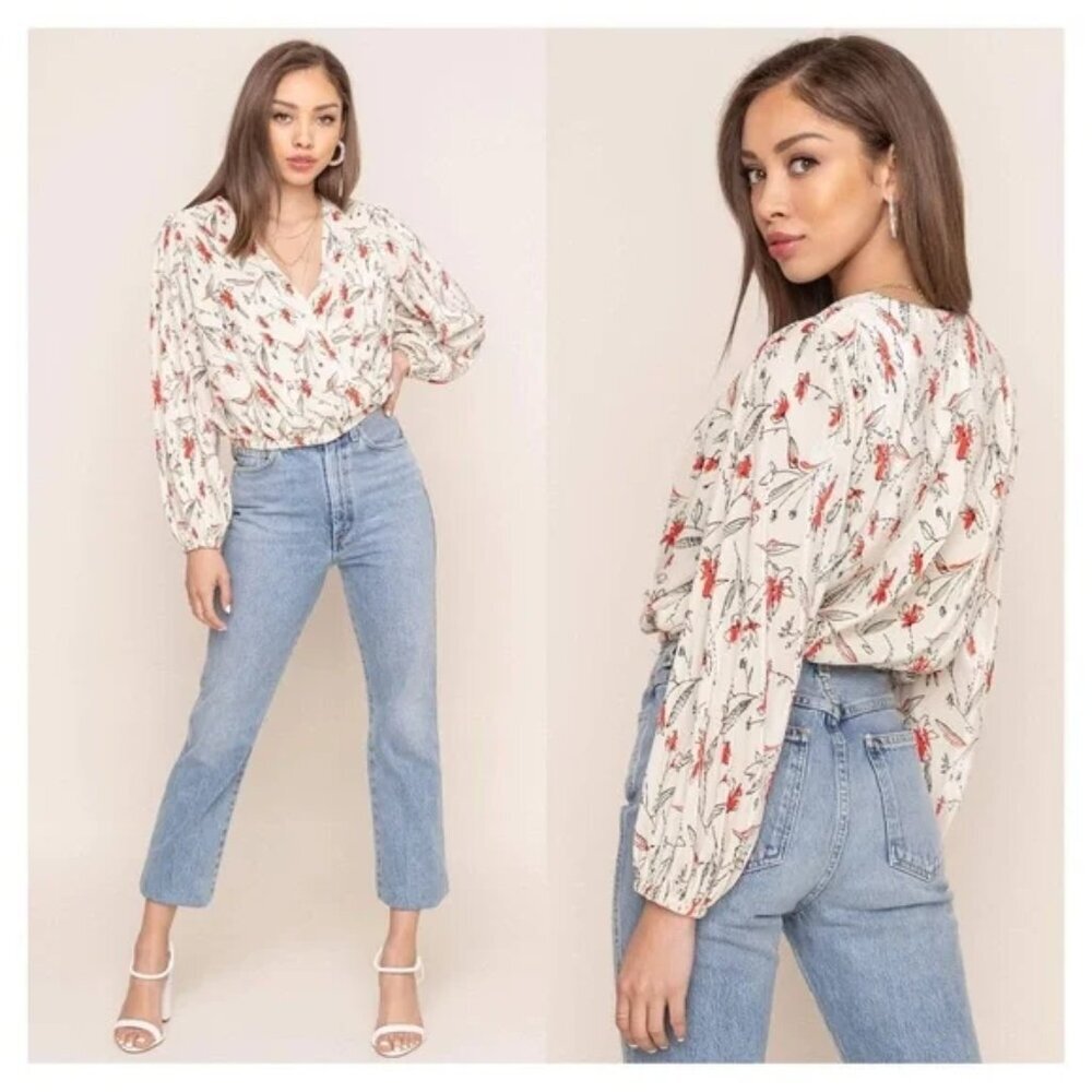 ASTR • Pleated Surplice Floral Long Sleeve Top in Ivory Coral Sketch
